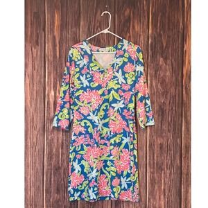 Tabi Shift Dress Womens M Blue Pink Dragonfly Floral V-Neck 3/4 Sleeve
